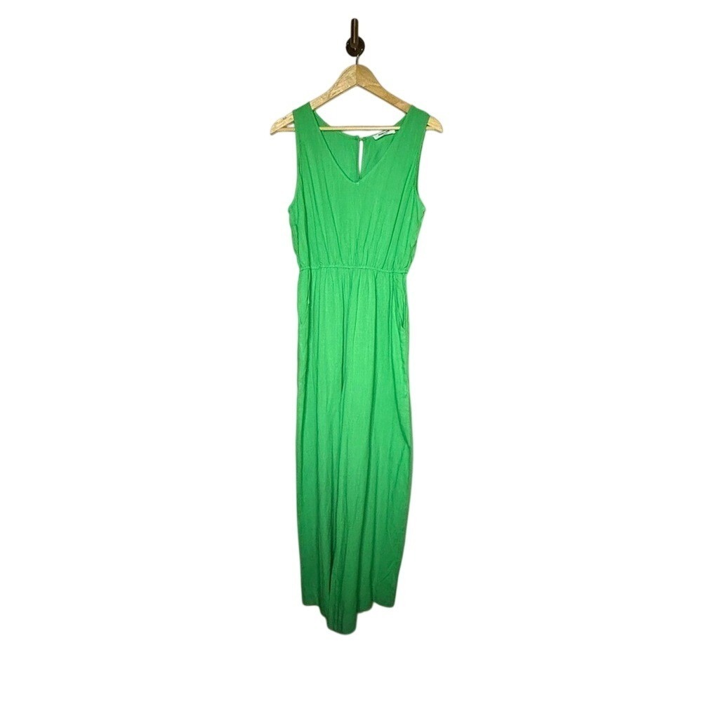 Green Linen Blend Wide Leg Jumpsuit V Neck Resort Boho Women's Medium